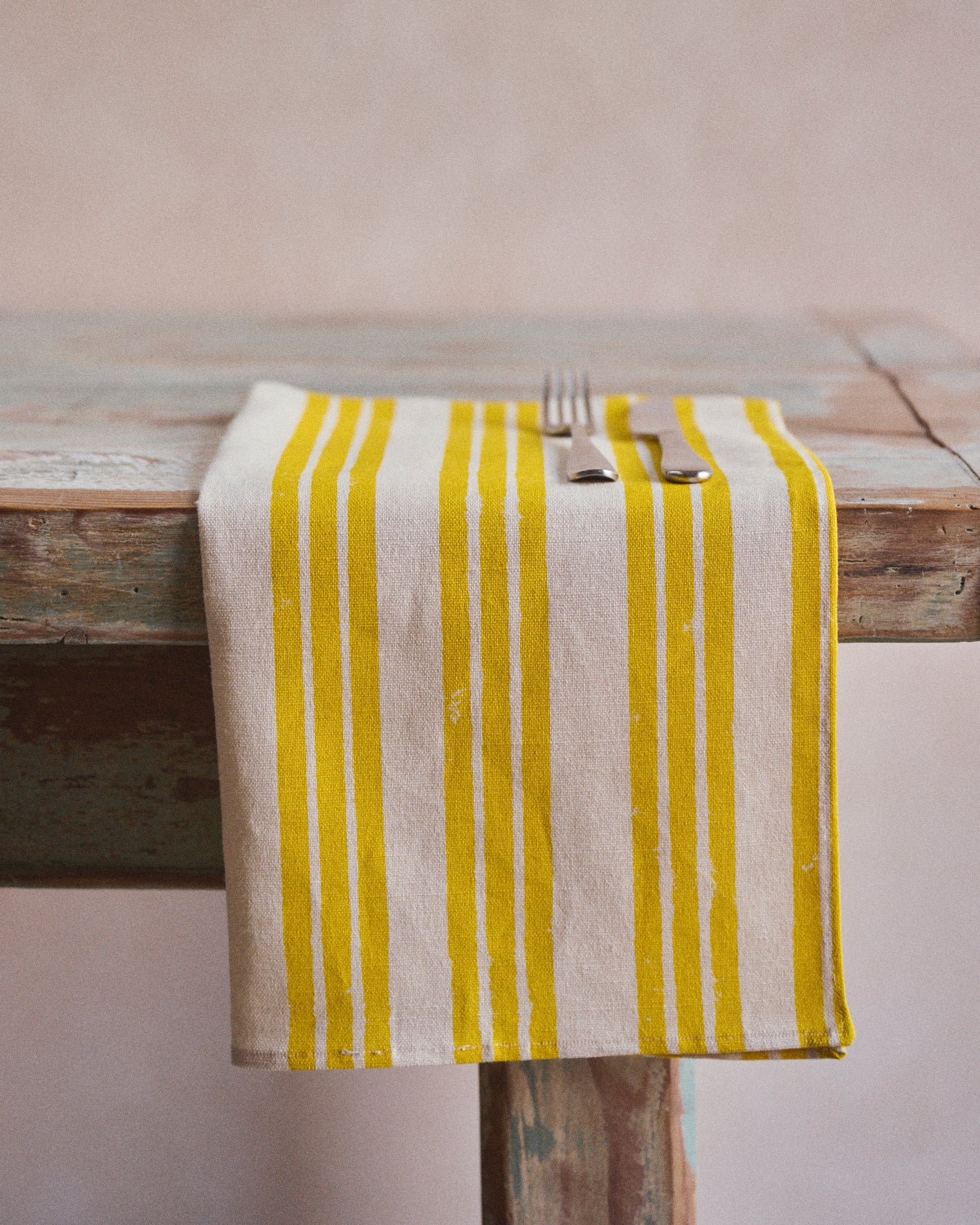 Set of Four Lemon Yellow Striped Napkins